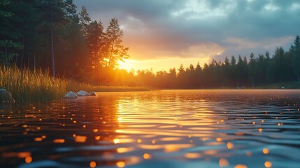 Canvas Print - Colorful golden sunset over the lake and forest in the background Leningrad region Russia : Generative AI