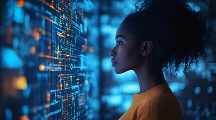 Poster - World tablet and overlay with a business black woman using an ai or ux interface to access the metaverse of data Digital future and information with a global network working on a 3d ho : Generative AI