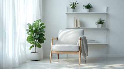 Poster - Interior of white living room with cozy armchair houseplant and shelving unit : Generative AI