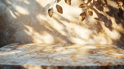 Poster - Gold Marble Table with Nature Shadow on Concrete Wall Texture Background Suitable for Cosmetic Product Presentation Backdrop Display and Mock up : Generative AI