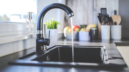 Aufkleber - A kitchen sink detail with a black faucet white cabinets and marble countertop : Generative AI