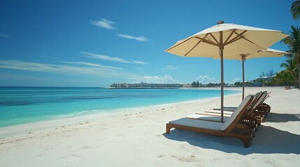 The beach at The Royal Bahamian Sandals Resort in Nassau Bahamas on a sunny day : Generative AI