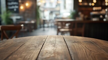 Wall Mural - Blurry cafe restaurant or coffee shop background and perspective view of wooden table corner : Generative AI