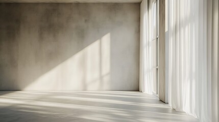 Aufkleber - Empty room with shade from window light and white curtains Minimal interior with concrete wall and floor Architecture background showroom : Generative AI