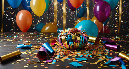 Sticker - Glittering party table with confetti and noisemakers background