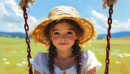 Joyful girl on a swing wearing a straw hat and braided hair, smiling under the sun in a vibrant grassland, captured in a charming digital illustration