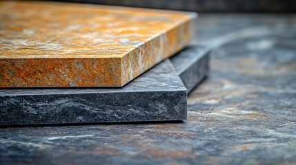 Poster - Porcelain three stoneware square samples laid on kitchen countertop examples of future kitchen fasade exterior Samples slabs of natural granite marble quartz for stone countertops clos : Generative AI
