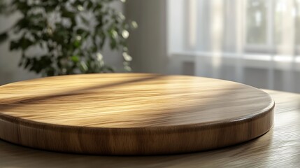Poster - Empty beautiful round wood table  top counter on  interior in clean and bright with shadow background Readywhite background for product montage : Generative AI