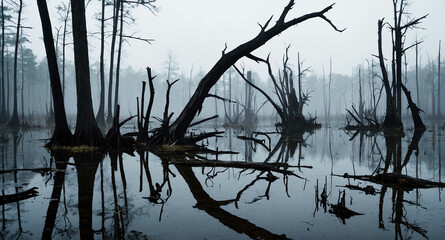 Sticker - Foggy swamp with dead trees background