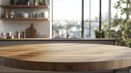 Fototapete - Empty beautiful round wood tabletop counter on interior in clean and bright kitchen background Ready for display Banner for product montage : Generative AI