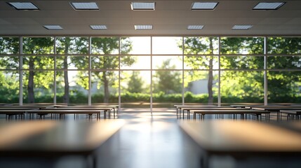 Poster - Beautiful blurred background of bright classroom and study room with panoramic windows and beautiful lighting Blurred Empty school background : Generative AI