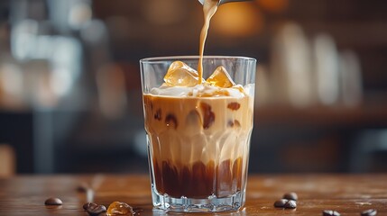 Aufkleber - Ice coffee or latte with cream being poured into it a glass : Generative AI