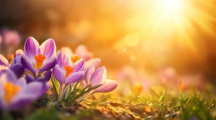 Poster - Purple Crocuses Blooming in the Golden Sunlight