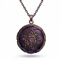 A levitating enchanted necklace with runes, magical jewelry, handpainted, silver and violet, isolated on white background