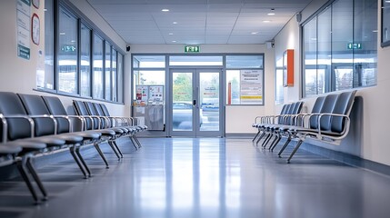 Poster - An empty waiting area with chairs a cashier sign and a pharmacy window in a modern building There are rows of connected grey seating for individual waiting Glass door at the back lead  : Generative AI