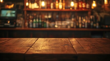 Leinwandbilder - blurred background of bar and dark brown desk space of retro wood : Generative AI