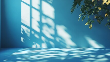Aufkleber - Blank blue empty room corner and sunlight with leafs shadows empty blue copy space background : Generative AI