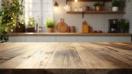 Poster - Empty beautiful wood table  top counter  and blur bokeh modern kitchen interior background in clean and bright Readywhite background for product montage : Generative AI