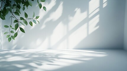 Aufkleber - White Abstract Minimalistic Room studio background with leafs shadows and sunlight summer white room light clean empty background  place for product placement and design background bac : Generative AI