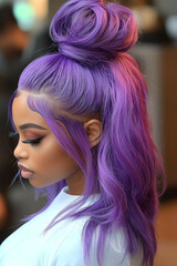 A young woman with long, wavy purple hair styled in a bun.