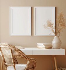 Two blank white picture frames hang above a white desk and a wicker chair. A vase and books rest on the desk.