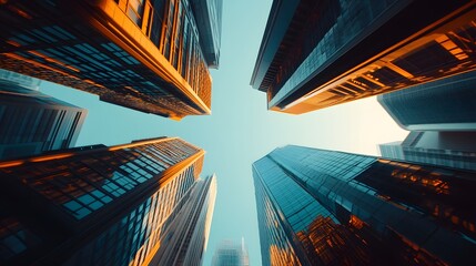 A Low Angle View of Glass Skyscrapers Against a Blue Sky