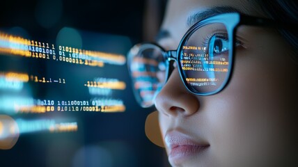 A woman is looking at a computer screen with a lot of numbers and letters