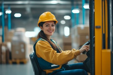 Happy female worker driving pallet jack while working at distribution warehouse. 