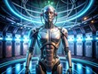 © Four888 - Smooth-skinned futuristic robot's metallic body glistens under bright studio lights, futuristic screens and cables surrounding it, creating a surreal high-tech atmosphere.