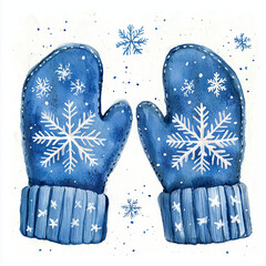 Wall Mural - A pair of mittens with snowflakes, isolated on a white background, watercolor style