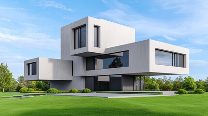 Futuristic luxury house with unique stacked box design in a spacious green landscape.