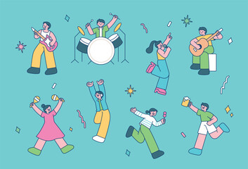 Wall Mural - At the festival, a band performs and people dance and have fun.