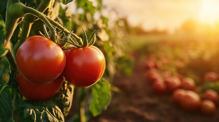 A close-up of ripe tomatoes (Solanum lycopersicum) on the vine, glowing red in a sunny field