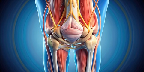 Vibrant, detailed illustration of the human knee joint, showcasing bones, ligaments, tendons, and surrounding muscles in a colorful, 3D representation with subtle texture and shading.