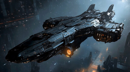 Wall Mural - Futuristic sci-fi spaceship hovering over a spaceport, galaxy exploring vehicle battle warship, interstellar travel starship