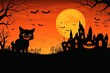 © Bang AI - A spooky Halloween scene featuring a silhouette of a cat, a haunted house, and bats.