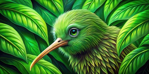 Vibrant, hand-drawn kiwi bird illustration with bold lines, bright green feathers, and big, curious eyes peeking out from behind a lush, leafy stem.