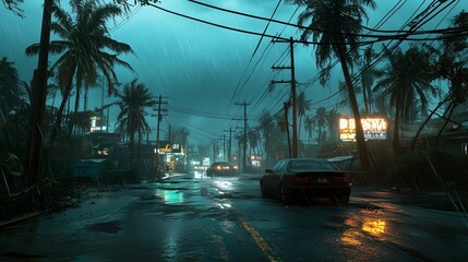 A car drives down a deserted street in a tropical city during a heavy rainstorm.