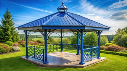 A metal gazebo with a blue roof, perfect for relaxing outdoors, outdoor, gazebo, metal, blue, roof, relaxation, table, benches