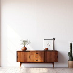 Wall Mural - Mid Century Modern Sideboard with Wooden Legs White Wall Cactus Lamp and Artwork