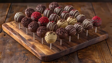 Wall Mural - Delicious chocolate cake pops arranged elegantly on a wooden board.