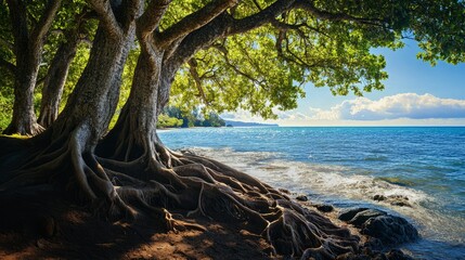 Landscape view of trees with big roots on the seashore. Plants growing by the sea. Photography Stock.