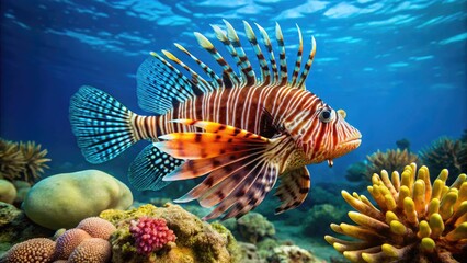 Vibrant lionfish with bold stripes and long, flowing fins swim amidst coral reef, their invasive beauty threatening the delicate balance of the ocean's ecosystem.