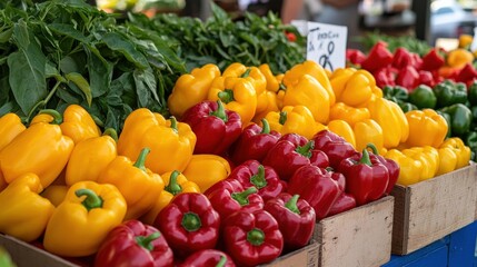 A vibrant display of red and yellow bell peppers (Capsicum annuum), adding color to the market stall