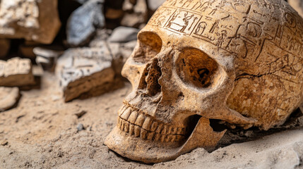 A close up of an African American skull reveals intricate carvings and textures, showcasing artistry of ancient cultures. surrounding debris adds to historical context