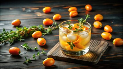 Wall Mural - Refreshing Kumquat & Thyme Vodka Cocktail on dark wooden table surface , drink, beverage, alcohol, cocktail, glass, kumquat