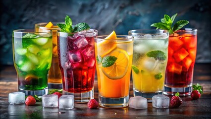 Colorful and flavorful soft drinks in various glasses with ice cubes on a table , soft drinks, colorful, flavorful, glasses