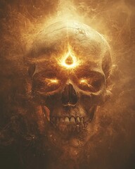 A mystical skull with an illuminated third eye, surrounded by glowing ethereal smoke.