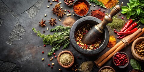 Grinding spices and herbs in a mortar with pestle, top view, spices, herbs, mortar, pestle, grinding