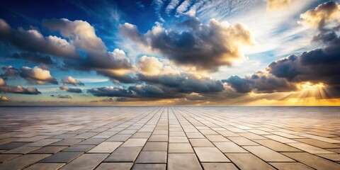 Empty brick floor contrasting with a dreamy sky cloudscape, bricks, floor, empty, sky, cloudscape, contrast, dreamy